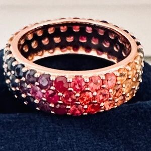 Handmade 18K Rose Gold 3 Row Rainbow Sapphire Eternity Band Ring Size 6.5